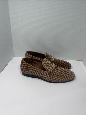 Men's Brown Woven Slip-On Loafers with Gold Chain Accent